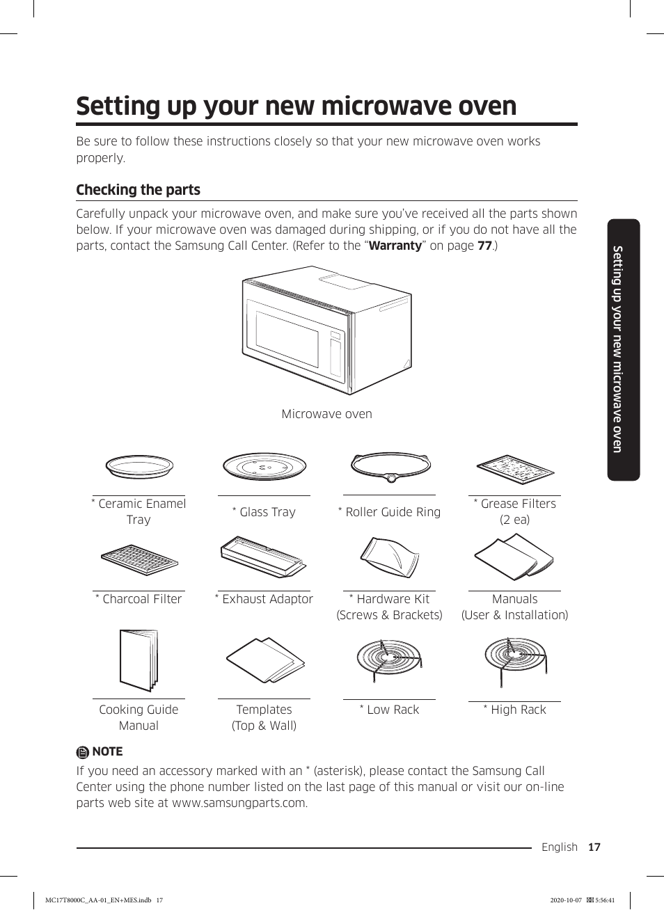 Setting up your new microwave oven, Checking the parts | Samsung 30 Inch Over the Range Convection Smart Microwave User Manual User Manual | Page 17 / 160