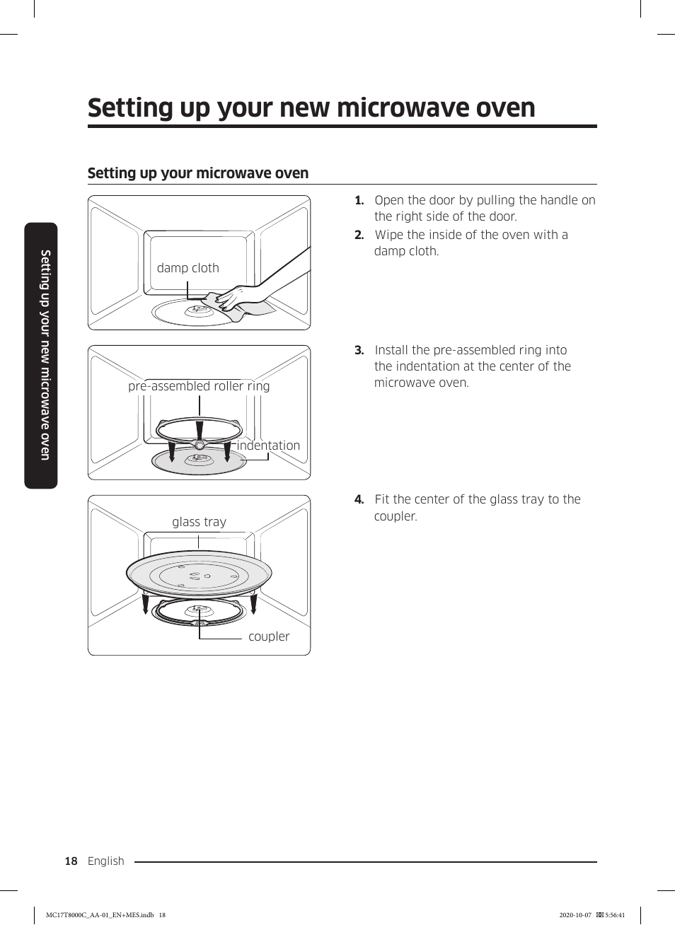 Setting up your microwave oven, Setting up your new microwave oven | Samsung 30 Inch Over the Range Convection Smart Microwave User Manual User Manual | Page 18 / 160