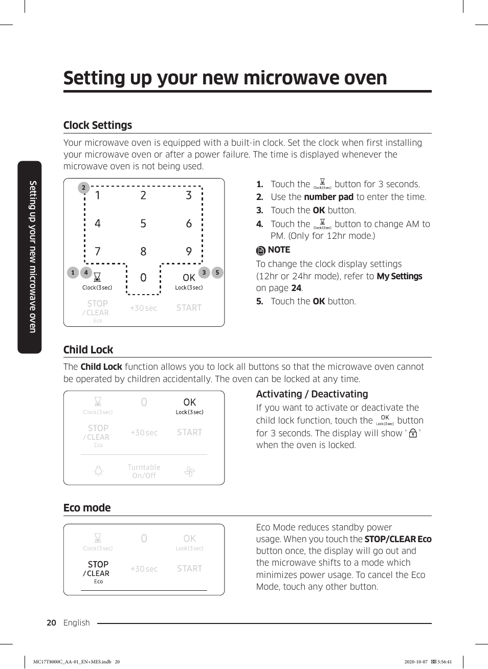 Clock settings, Child lock, Eco mode | Setting up your new microwave oven | Samsung 30 Inch Over the Range Convection Smart Microwave User Manual User Manual | Page 20 / 160