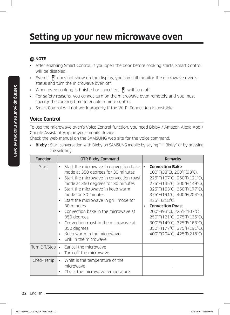 Voice control, Setting up your new microwave oven | Samsung 30 Inch Over the Range Convection Smart Microwave User Manual User Manual | Page 22 / 160