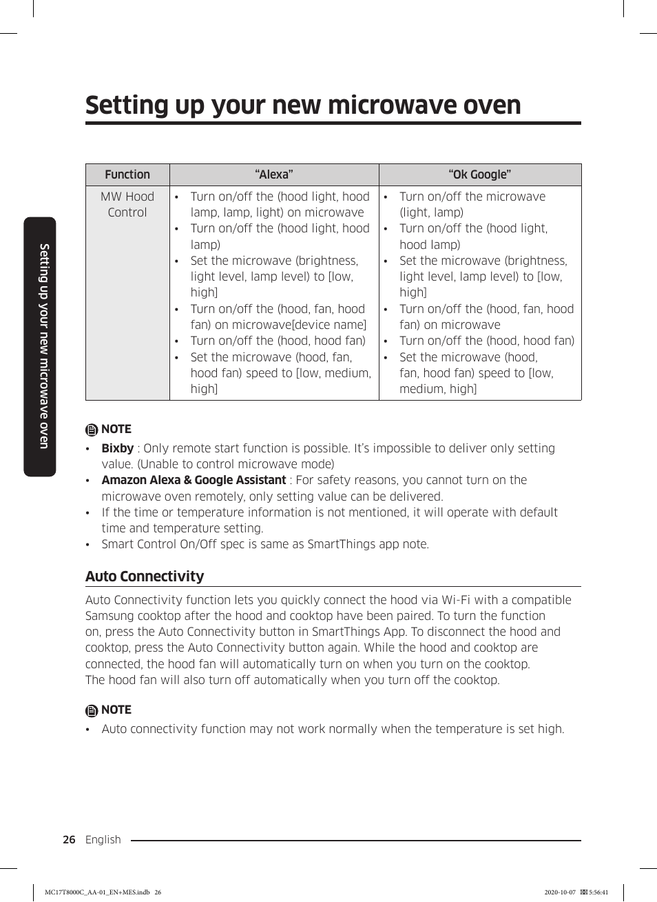 Auto connectivity, Setting up your new microwave oven | Samsung 30 Inch Over the Range Convection Smart Microwave User Manual User Manual | Page 26 / 160