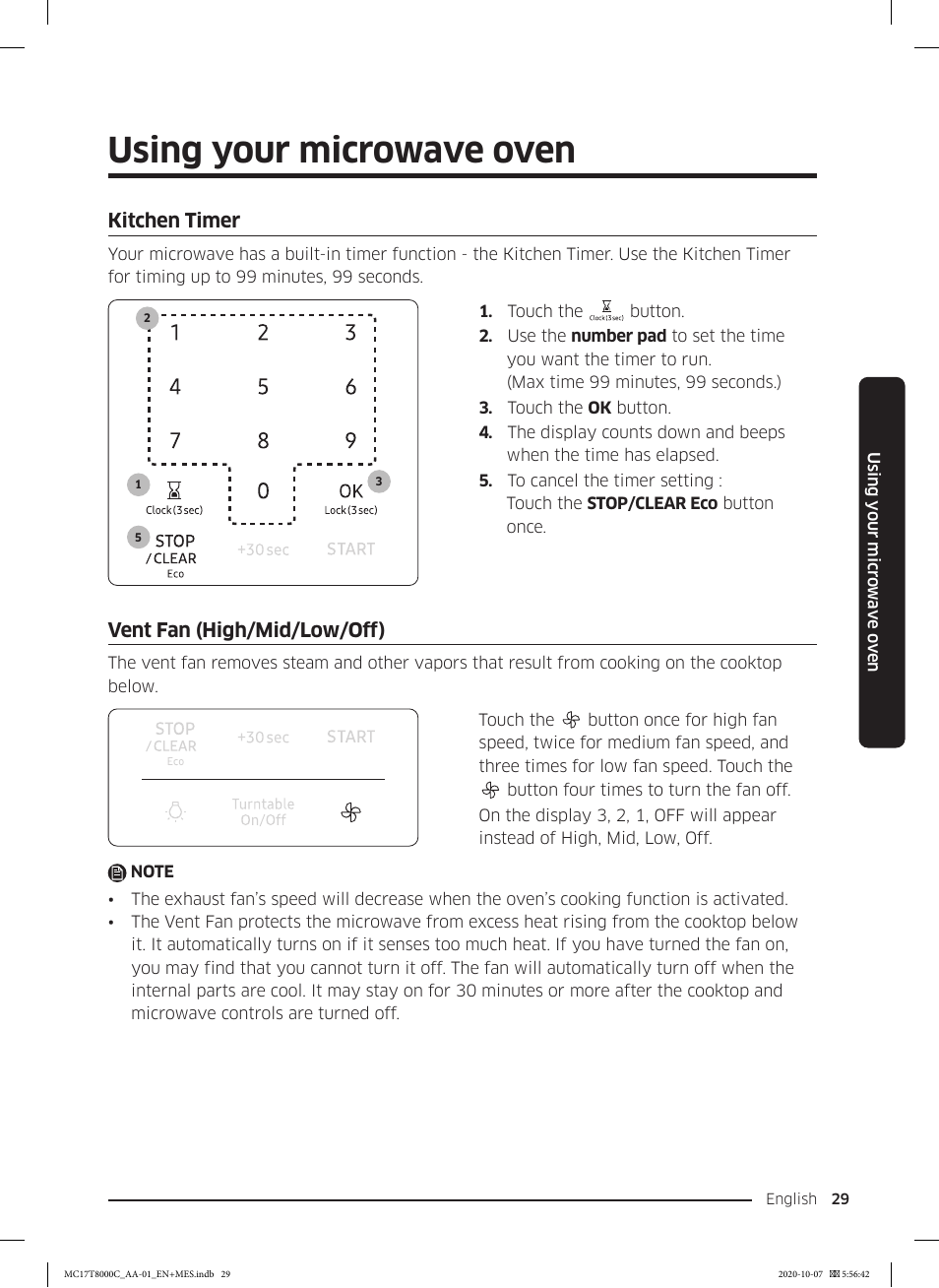 Using your microwave oven, Kitchen timer, Vent fan (high/mid/low/off) | Samsung 30 Inch Over the Range Convection Smart Microwave User Manual User Manual | Page 29 / 160