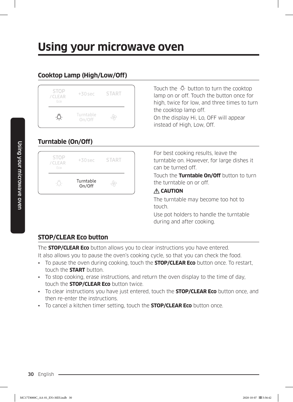 Cooktop lamp (high/low/off), Turntable (on/off), Stop/clear eco button | Using your microwave oven | Samsung 30 Inch Over the Range Convection Smart Microwave User Manual User Manual | Page 30 / 160