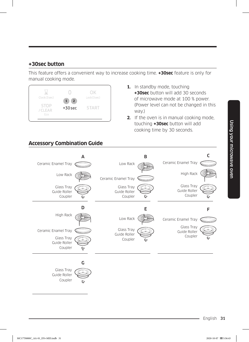 30sec button, Accessory combination guide | Samsung 30 Inch Over the Range Convection Smart Microwave User Manual User Manual | Page 31 / 160