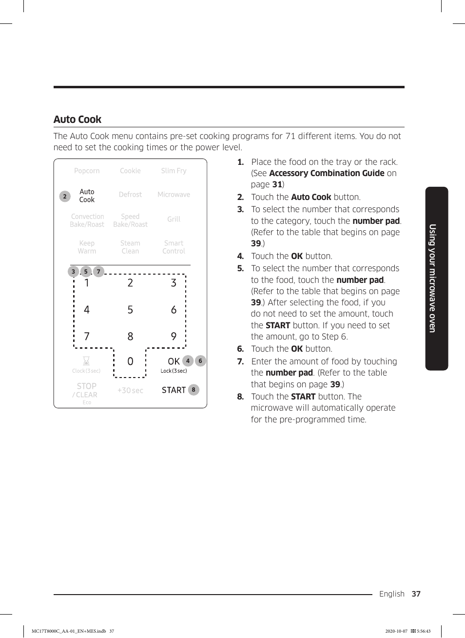 Auto cook | Samsung 30 Inch Over the Range Convection Smart Microwave User Manual User Manual | Page 37 / 160