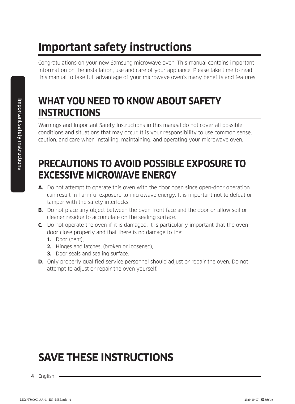 Important safety instructions, Save these instructions, What you need to know about safety instructions | Samsung 30 Inch Over the Range Convection Smart Microwave User Manual User Manual | Page 4 / 160