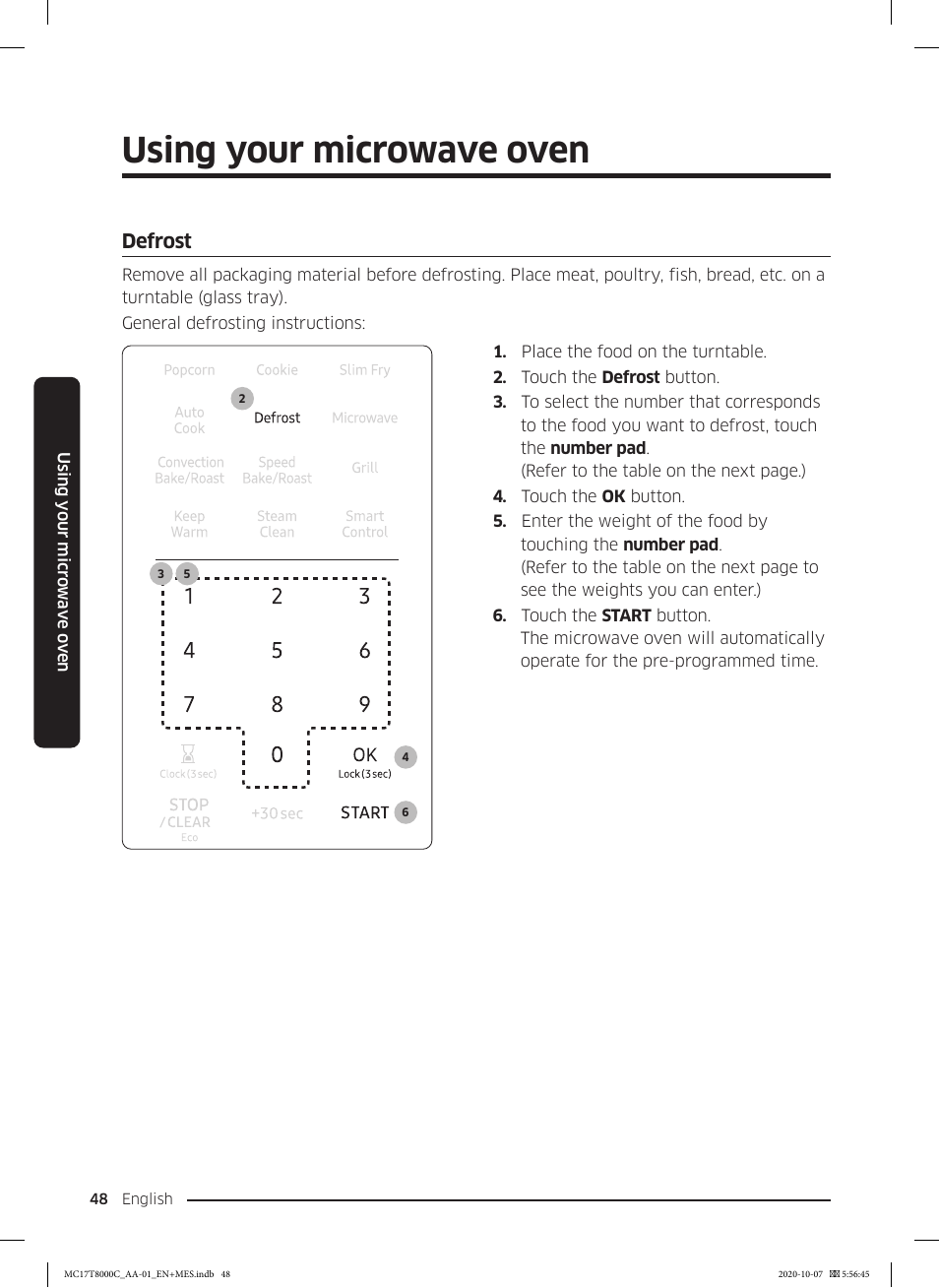 Defrost, Defrost 48, Using your microwave oven | Samsung 30 Inch Over the Range Convection Smart Microwave User Manual User Manual | Page 48 / 160