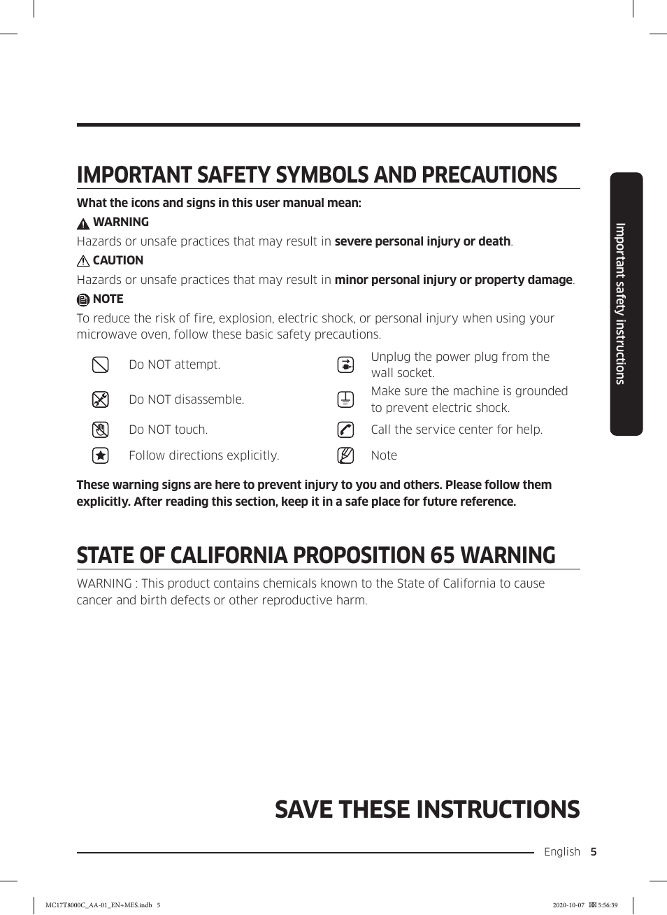 Save these instructions, Important safety symbols and precautions, State of california proposition 65 warning | Samsung 30 Inch Over the Range Convection Smart Microwave User Manual User Manual | Page 5 / 160