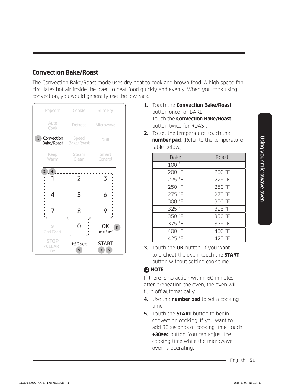 Convection bake/roast | Samsung 30 Inch Over the Range Convection Smart Microwave User Manual User Manual | Page 51 / 160