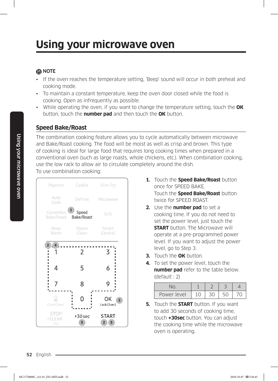 Speed bake/roast, Using your microwave oven | Samsung 30 Inch Over the Range Convection Smart Microwave User Manual User Manual | Page 52 / 160