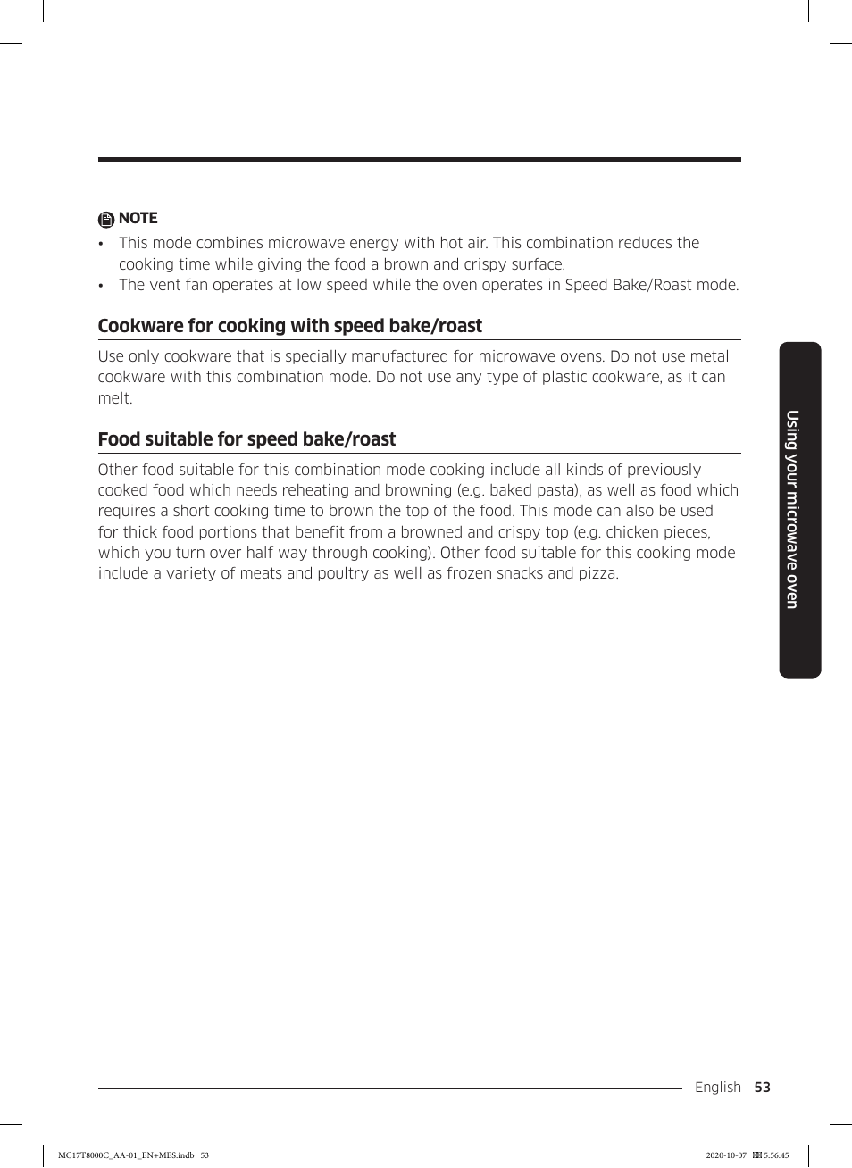 Cookware for cooking with speed bake/roast, Food suitable for speed bake/roast | Samsung 30 Inch Over the Range Convection Smart Microwave User Manual User Manual | Page 53 / 160