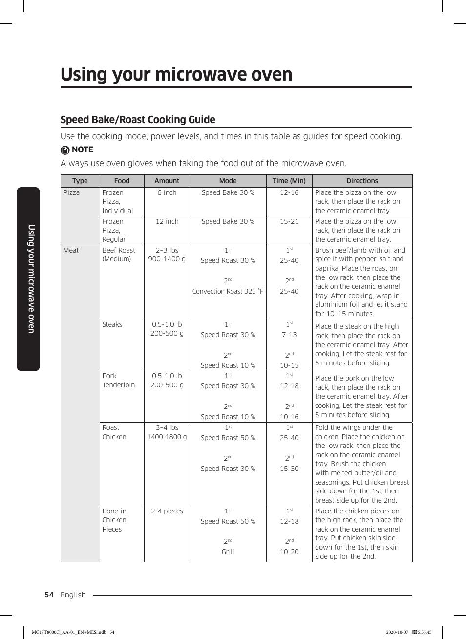 Speed bake/roast cooking guide, Using your microwave oven | Samsung 30 Inch Over the Range Convection Smart Microwave User Manual User Manual | Page 54 / 160