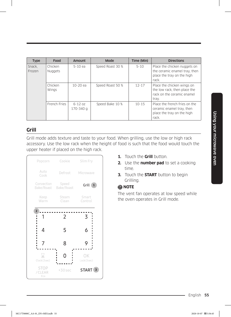 Grill, Grill 55 | Samsung 30 Inch Over the Range Convection Smart Microwave User Manual User Manual | Page 55 / 160