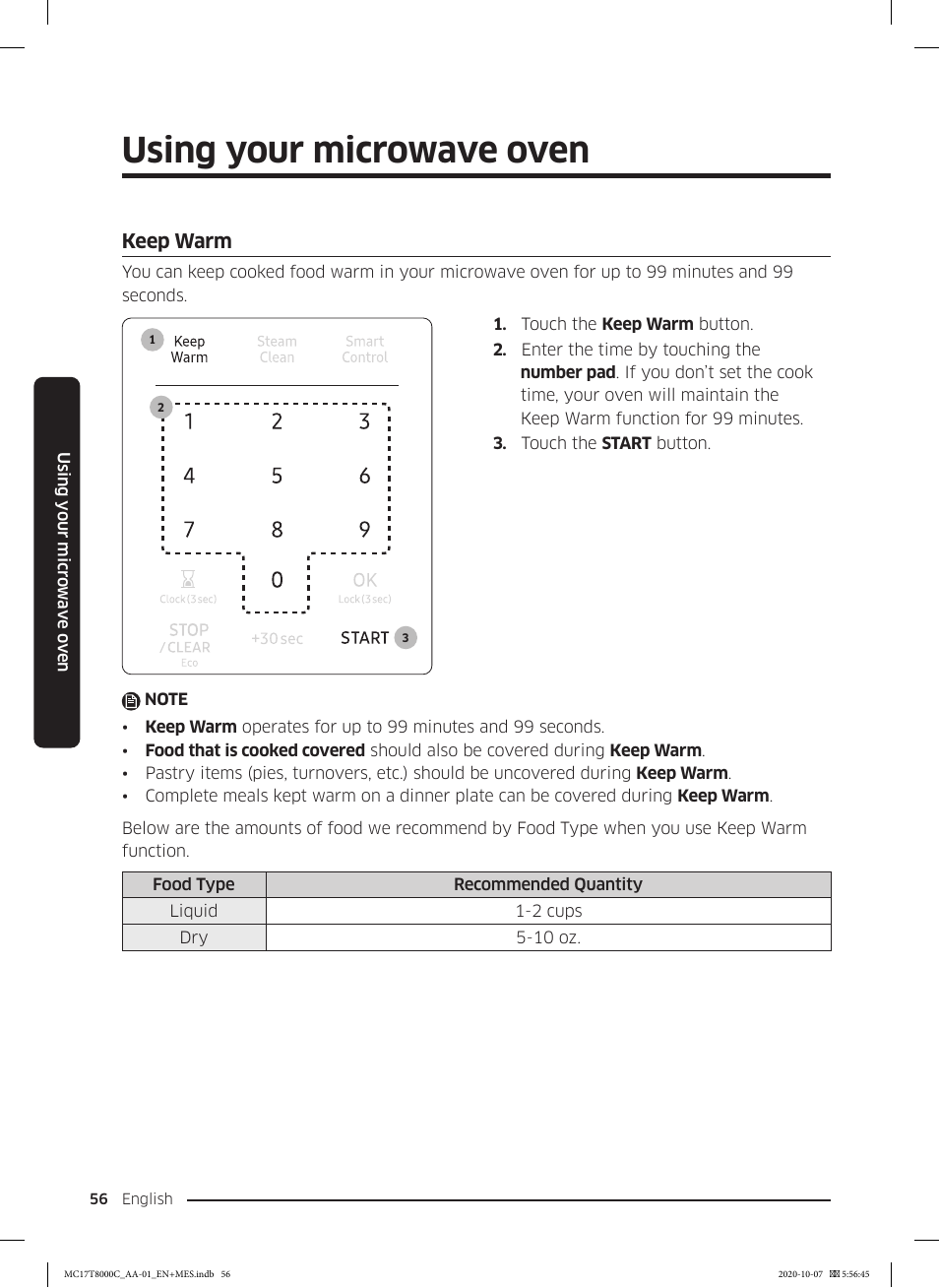 Keep warm, Using your microwave oven | Samsung 30 Inch Over the Range Convection Smart Microwave User Manual User Manual | Page 56 / 160