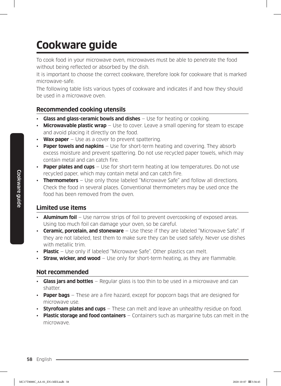 Cookware guide, Recommended cooking utensils, Limited use items | Not recommended | Samsung 30 Inch Over the Range Convection Smart Microwave User Manual User Manual | Page 58 / 160