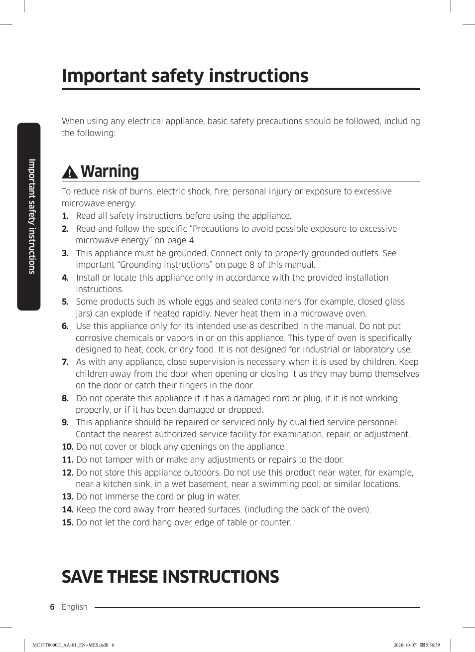 Important safety instructions, Save these instructions, Warning | Samsung 30 Inch Over the Range Convection Smart Microwave User Manual User Manual | Page 6 / 160