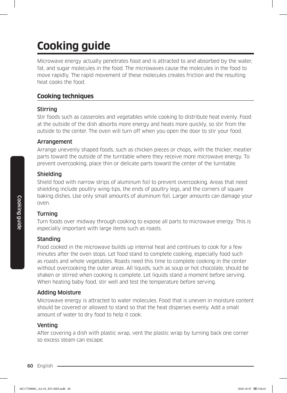 Cooking guide, Cooking techniques | Samsung 30 Inch Over the Range Convection Smart Microwave User Manual User Manual | Page 60 / 160