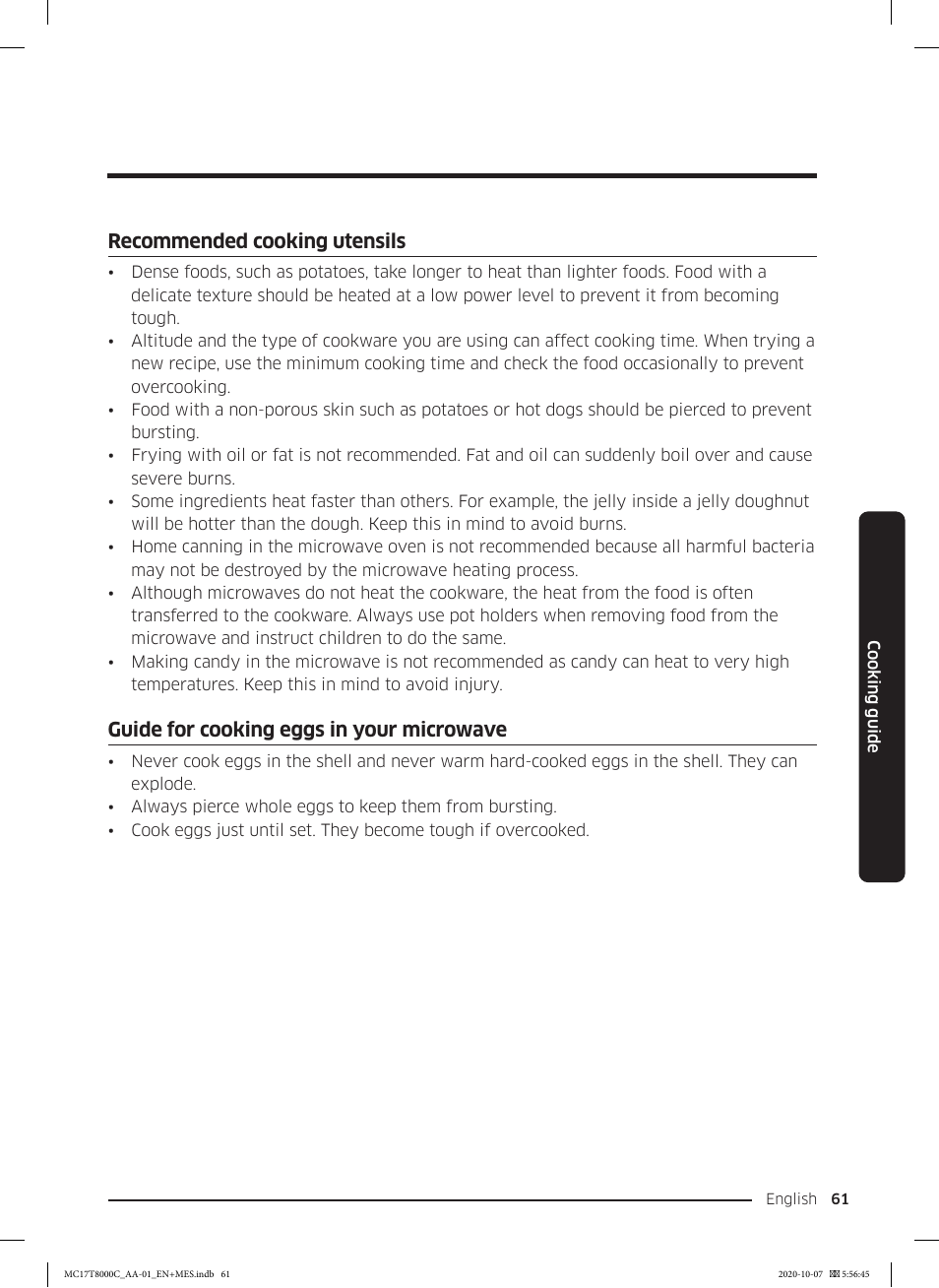 Recommended cooking utensils, Guide for cooking eggs in your microwave | Samsung 30 Inch Over the Range Convection Smart Microwave User Manual User Manual | Page 61 / 160