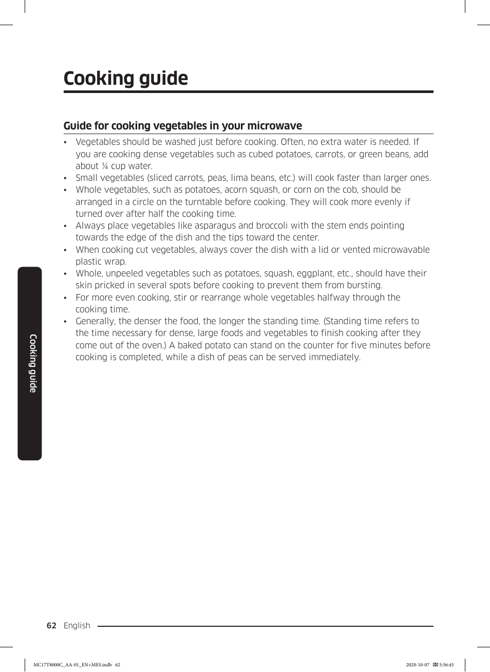 Guide for cooking vegetables in your microwave, Cooking guide | Samsung 30 Inch Over the Range Convection Smart Microwave User Manual User Manual | Page 62 / 160