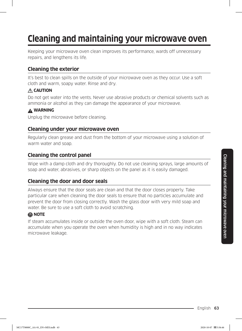 Cleaning and maintaining your microwave oven, Cleaning the exterior, Cleaning under your microwave oven | Cleaning the control panel, Cleaning the door and door seals | Samsung 30 Inch Over the Range Convection Smart Microwave User Manual User Manual | Page 63 / 160