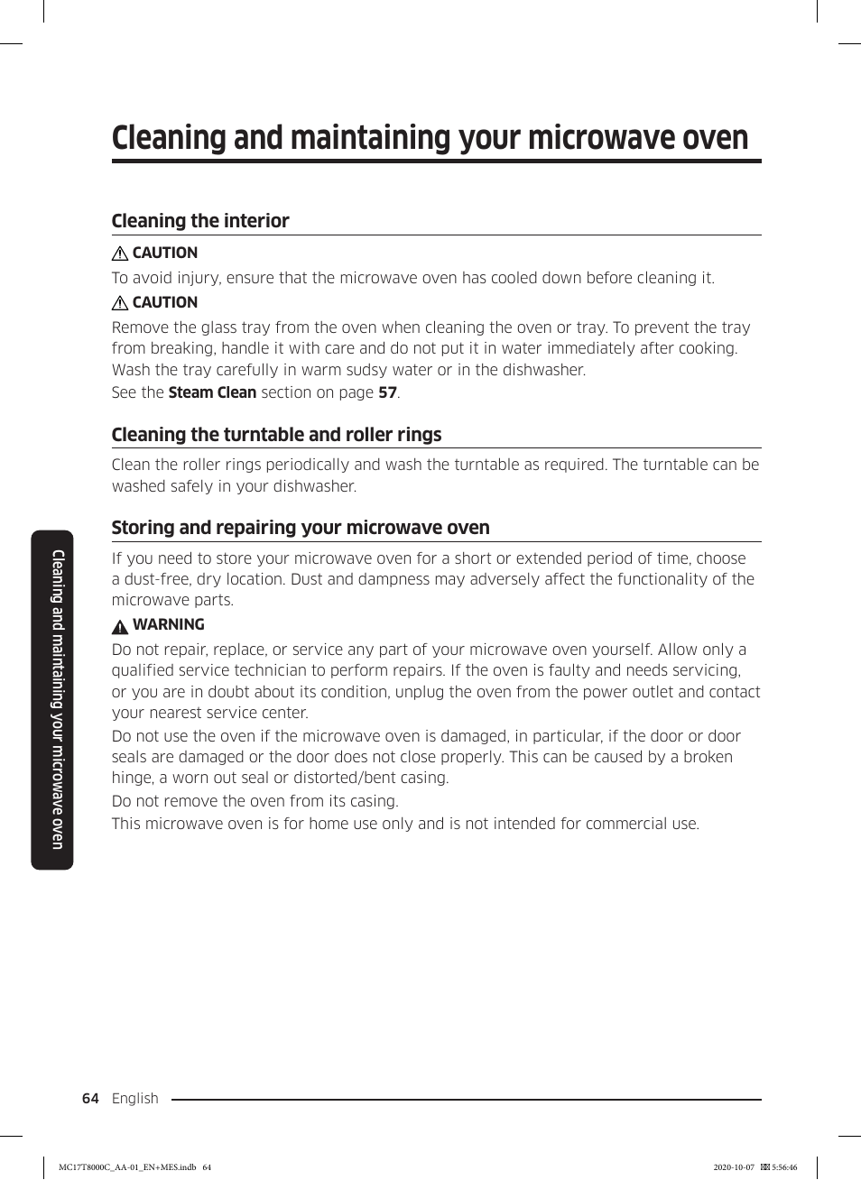 Cleaning the interior, Cleaning the turntable and roller rings, Storing and repairing your microwave oven | Cleaning and maintaining your microwave oven | Samsung 30 Inch Over the Range Convection Smart Microwave User Manual User Manual | Page 64 / 160