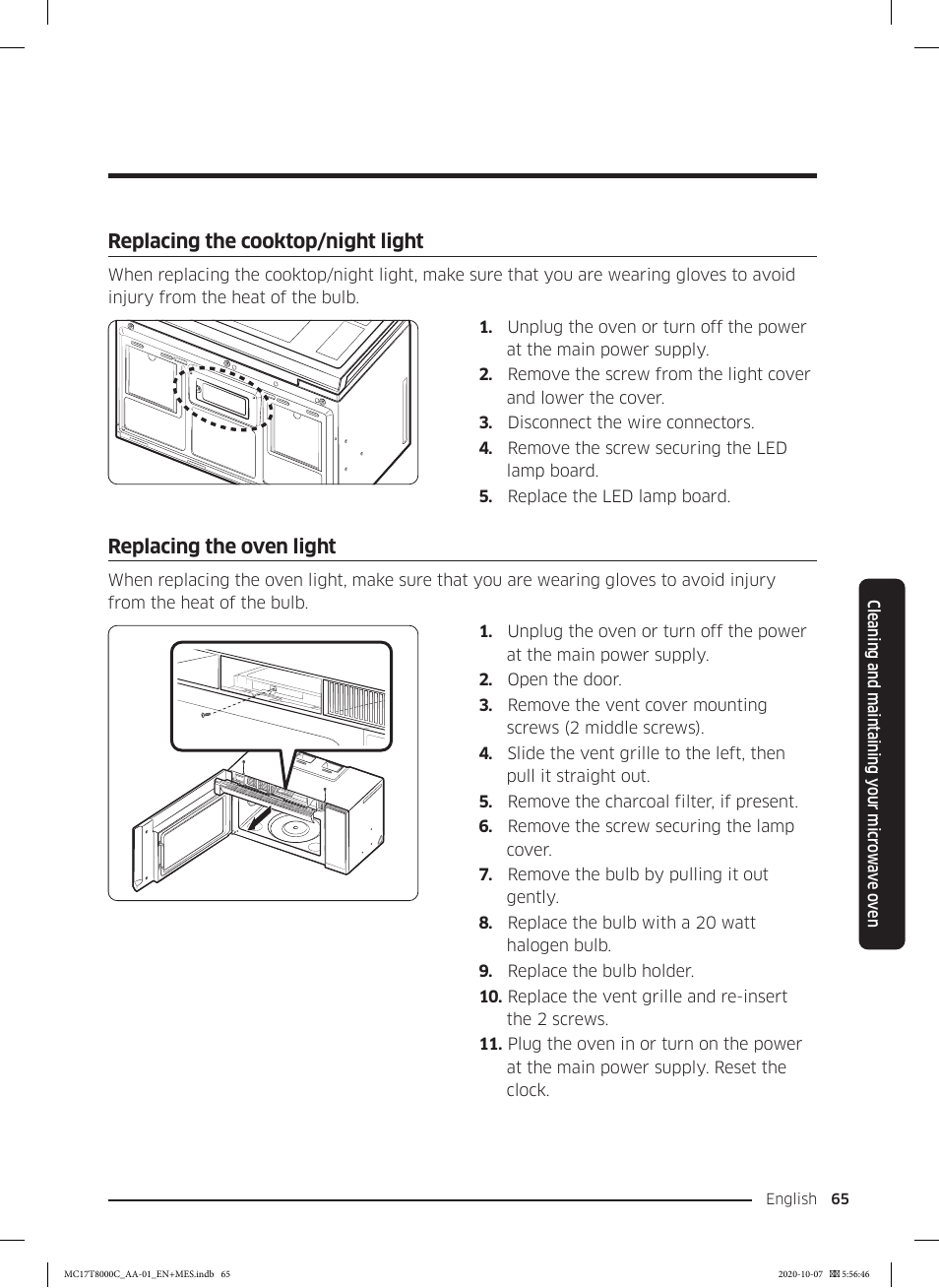 Replacing the cooktop/night light, Replacing the oven light | Samsung 30 Inch Over the Range Convection Smart Microwave User Manual User Manual | Page 65 / 160