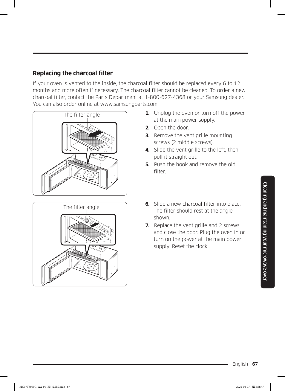 Replacing the charcoal filter | Samsung 30 Inch Over the Range Convection Smart Microwave User Manual User Manual | Page 67 / 160