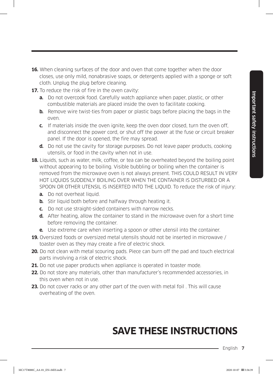 Save these instructions | Samsung 30 Inch Over the Range Convection Smart Microwave User Manual User Manual | Page 7 / 160