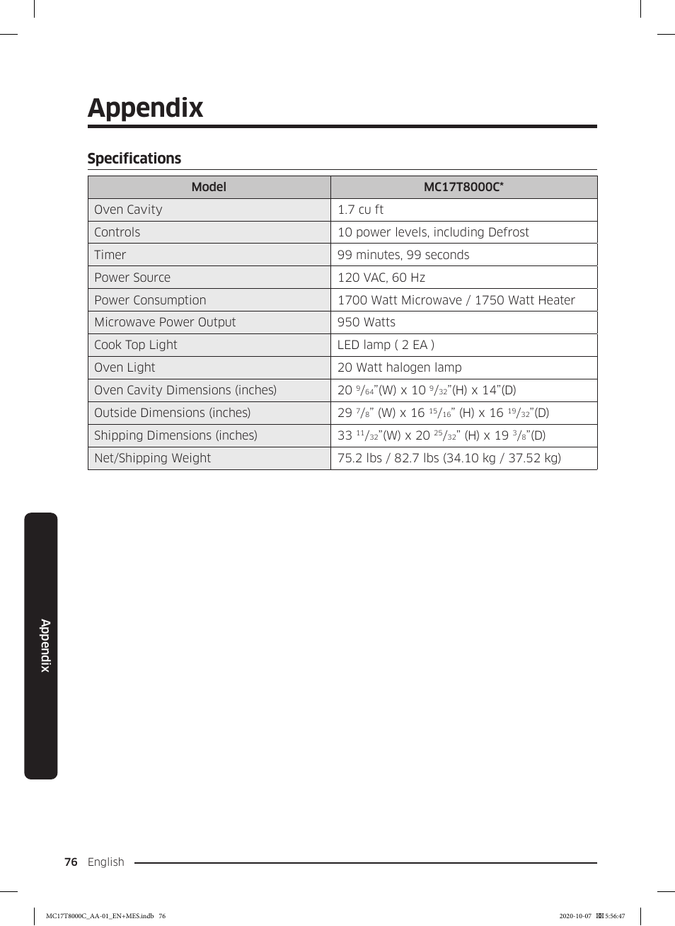 Appendix, Specifications, Specifications 76 | Samsung 30 Inch Over the Range Convection Smart Microwave User Manual User Manual | Page 76 / 160