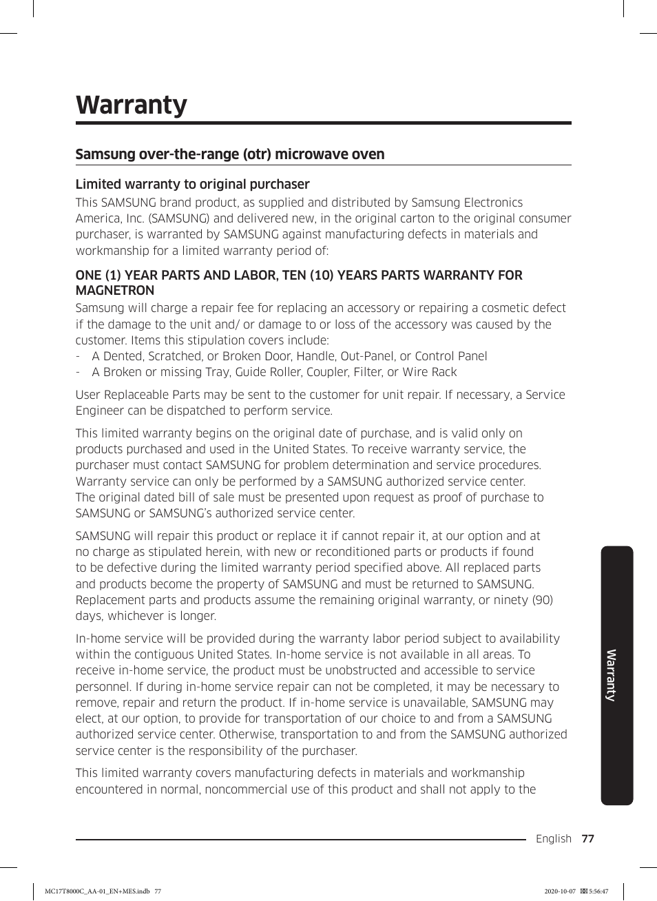 Warranty, Samsung over-the-range (otr) microwave oven | Samsung 30 Inch Over the Range Convection Smart Microwave User Manual User Manual | Page 77 / 160