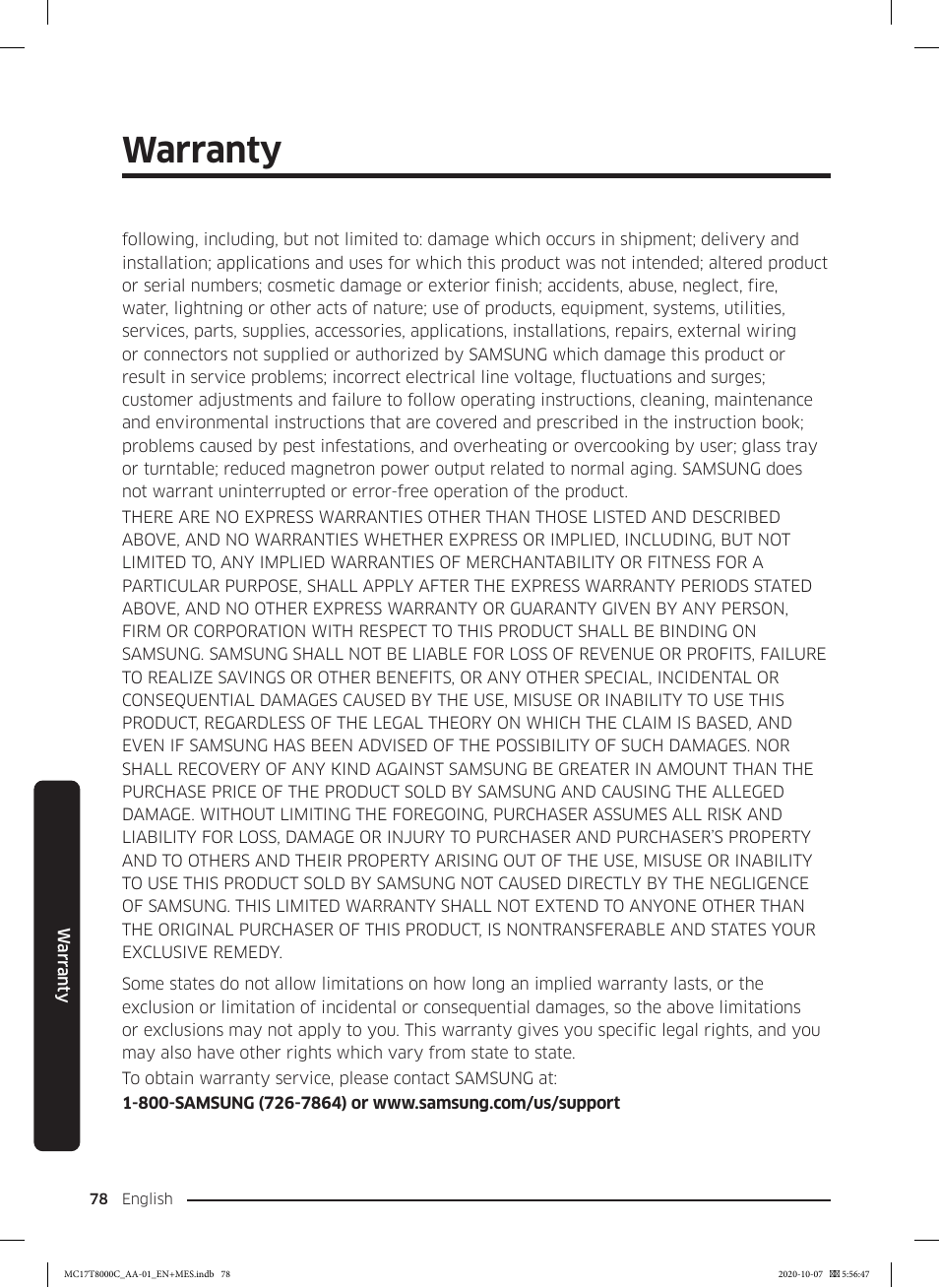 Warranty | Samsung 30 Inch Over the Range Convection Smart Microwave User Manual User Manual | Page 78 / 160