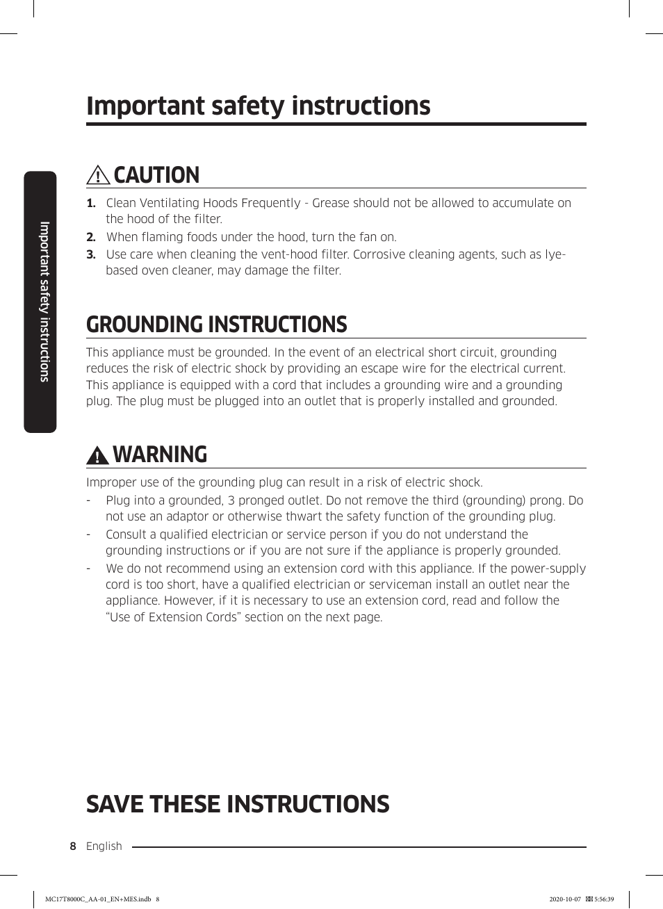 Important safety instructions, Save these instructions, Caution | Grounding instructions, Warning | Samsung 30 Inch Over the Range Convection Smart Microwave User Manual User Manual | Page 8 / 160