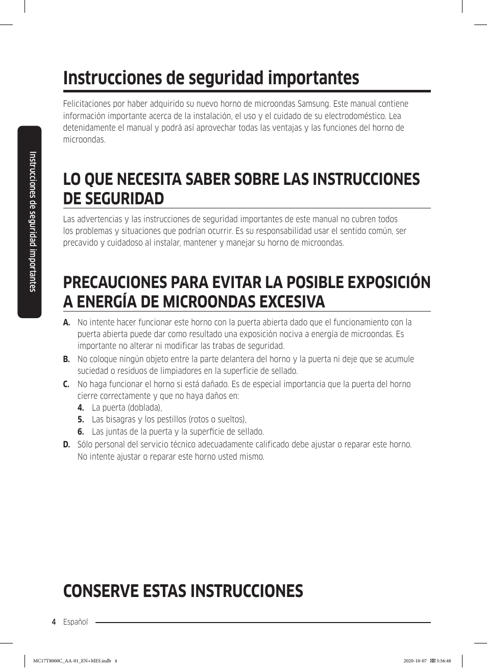 Instrucciones de seguridad importantes, Conserve estas instrucciones | Samsung 30 Inch Over the Range Convection Smart Microwave User Manual User Manual | Page 84 / 160