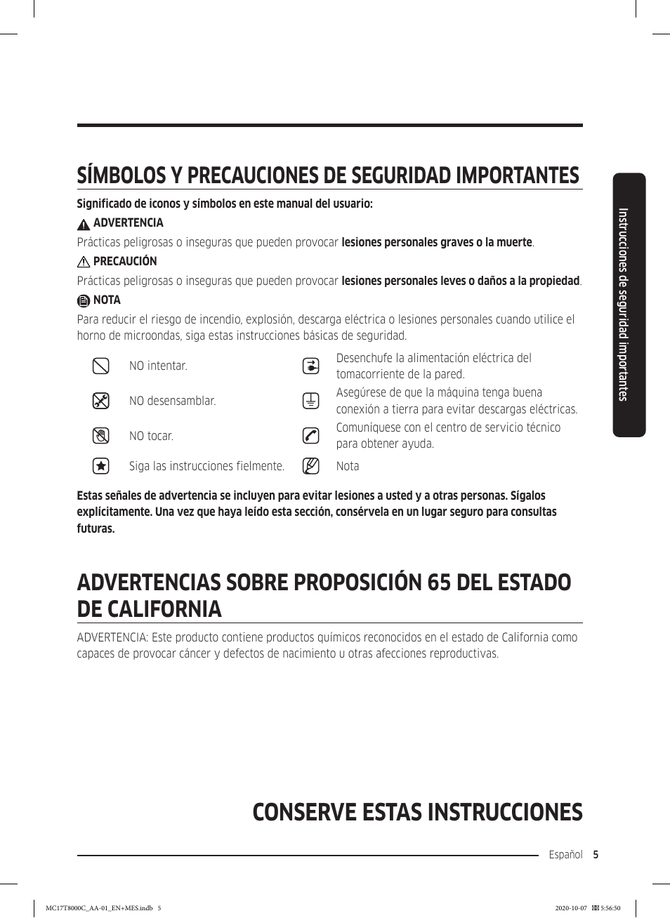 Conserve estas instrucciones, Símbolos y precauciones de seguridad importantes | Samsung 30 Inch Over the Range Convection Smart Microwave User Manual User Manual | Page 85 / 160