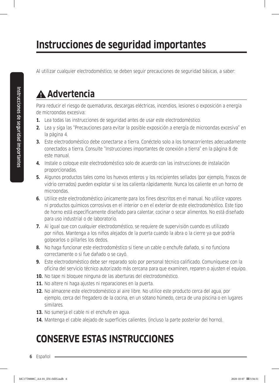 Instrucciones de seguridad importantes, Conserve estas instrucciones, Advertencia | Samsung 30 Inch Over the Range Convection Smart Microwave User Manual User Manual | Page 86 / 160