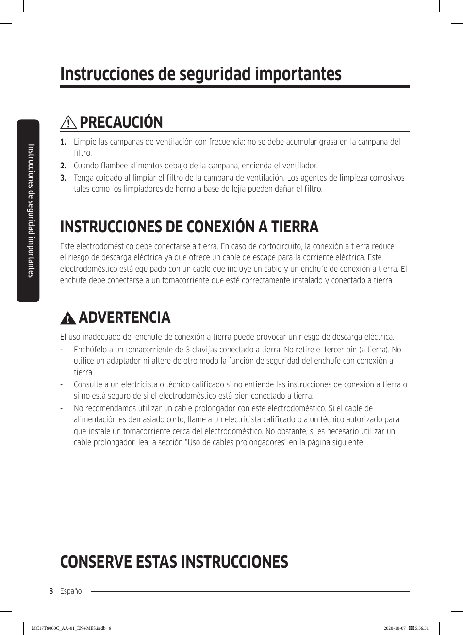 Instrucciones de seguridad importantes, Conserve estas instrucciones, Precaución | Instrucciones de conexión a tierra, Advertencia | Samsung 30 Inch Over the Range Convection Smart Microwave User Manual User Manual | Page 88 / 160