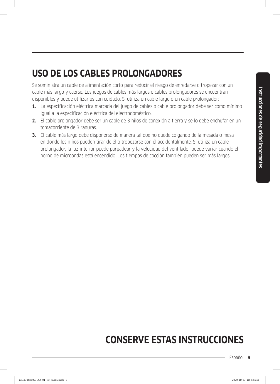 Conserve estas instrucciones, Uso de los cables prolongadores | Samsung 30 Inch Over the Range Convection Smart Microwave User Manual User Manual | Page 89 / 160