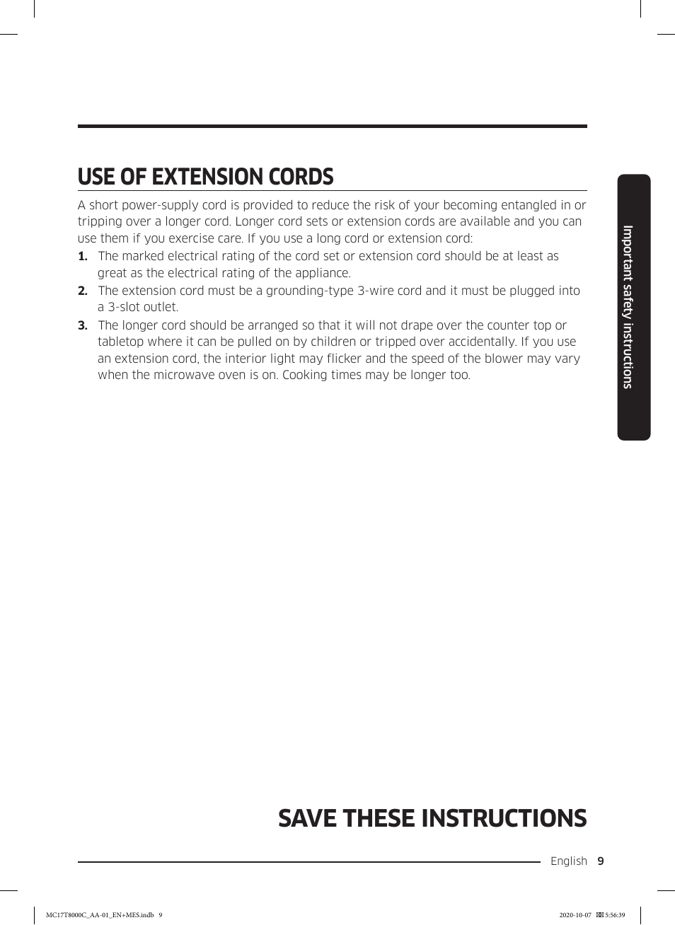 Save these instructions, Use of extension cords | Samsung 30 Inch Over the Range Convection Smart Microwave User Manual User Manual | Page 9 / 160