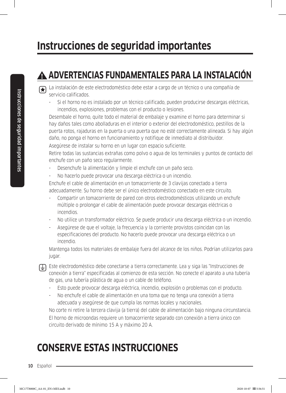 Instrucciones de seguridad importantes, Conserve estas instrucciones, Advertencias fundamentales para la instalación | Samsung 30 Inch Over the Range Convection Smart Microwave User Manual User Manual | Page 90 / 160