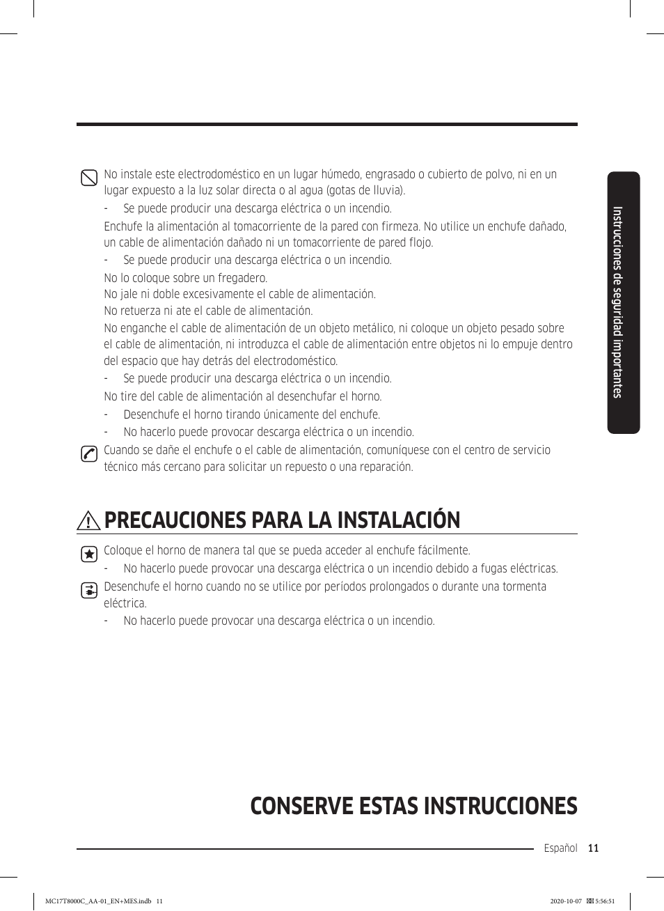 Conserve estas instrucciones, Precauciones para la instalación | Samsung 30 Inch Over the Range Convection Smart Microwave User Manual User Manual | Page 91 / 160