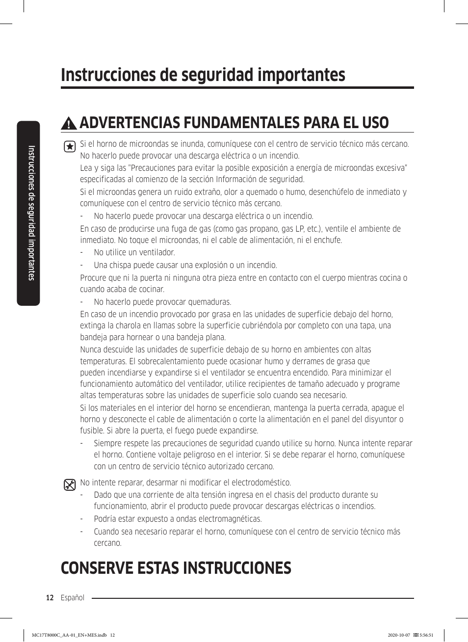 Instrucciones de seguridad importantes, Conserve estas instrucciones, Advertencias fundamentales para el uso | Samsung 30 Inch Over the Range Convection Smart Microwave User Manual User Manual | Page 92 / 160