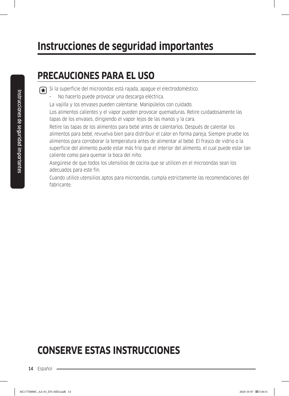 Instrucciones de seguridad importantes, Conserve estas instrucciones, Precauciones para el uso | Samsung 30 Inch Over the Range Convection Smart Microwave User Manual User Manual | Page 94 / 160