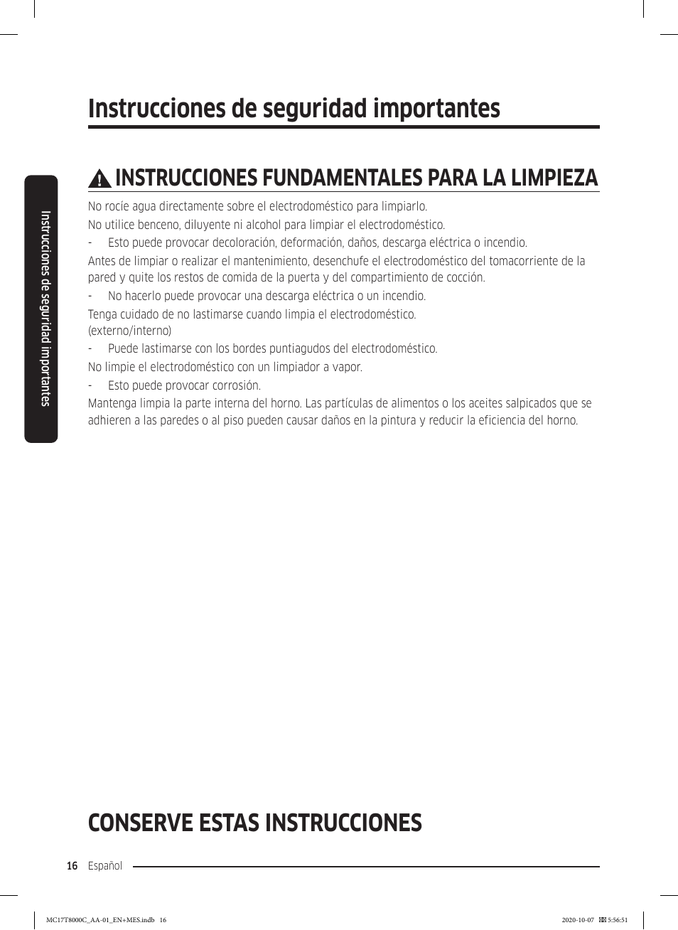 Instrucciones de seguridad importantes, Conserve estas instrucciones, Instrucciones fundamentales para la limpieza | Samsung 30 Inch Over the Range Convection Smart Microwave User Manual User Manual | Page 96 / 160