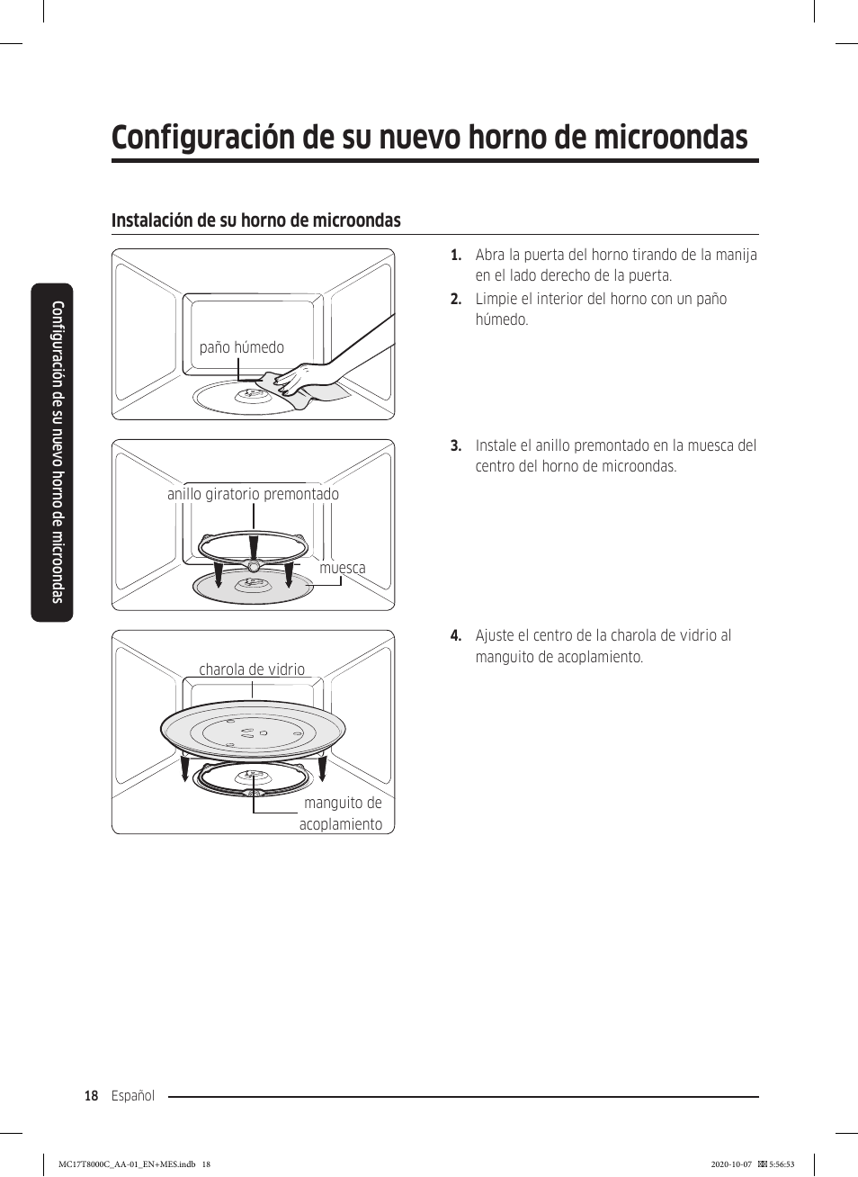 Instalación de su horno de microondas, Configuración de su nuevo horno de microondas | Samsung 30 Inch Over the Range Convection Smart Microwave User Manual User Manual | Page 98 / 160