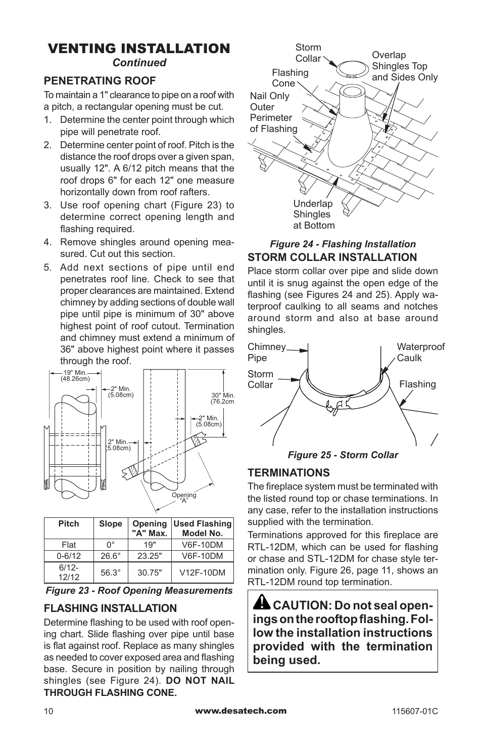 Venting installation, Continued, Penetrating roof | Flashing installation, Storm collar installation, Terminations | Desa (V)PN36-A User Manual | Page 10 / 16