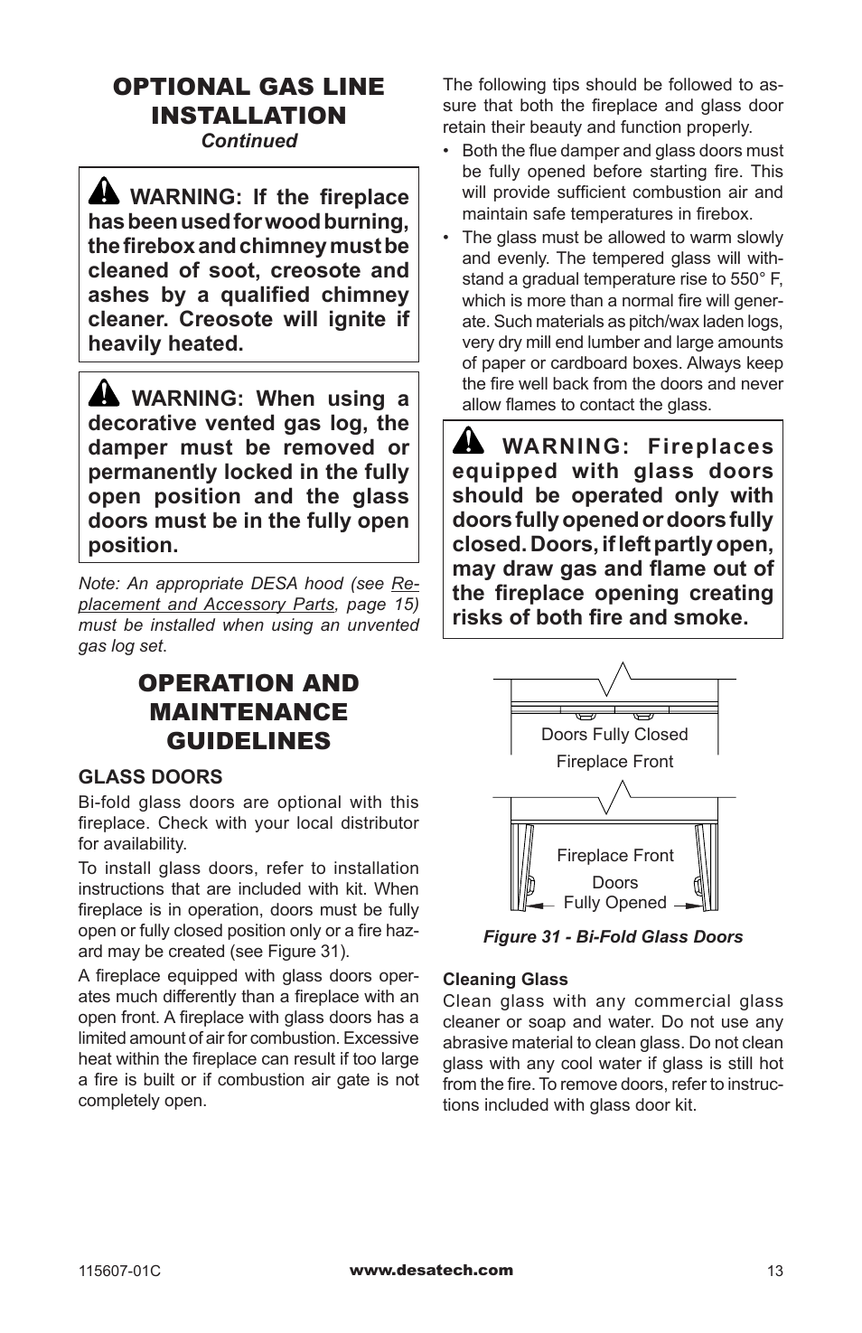 Operation and maintenance guidelines, Optional gas line installation | Desa (V)PN36-A User Manual | Page 13 / 16