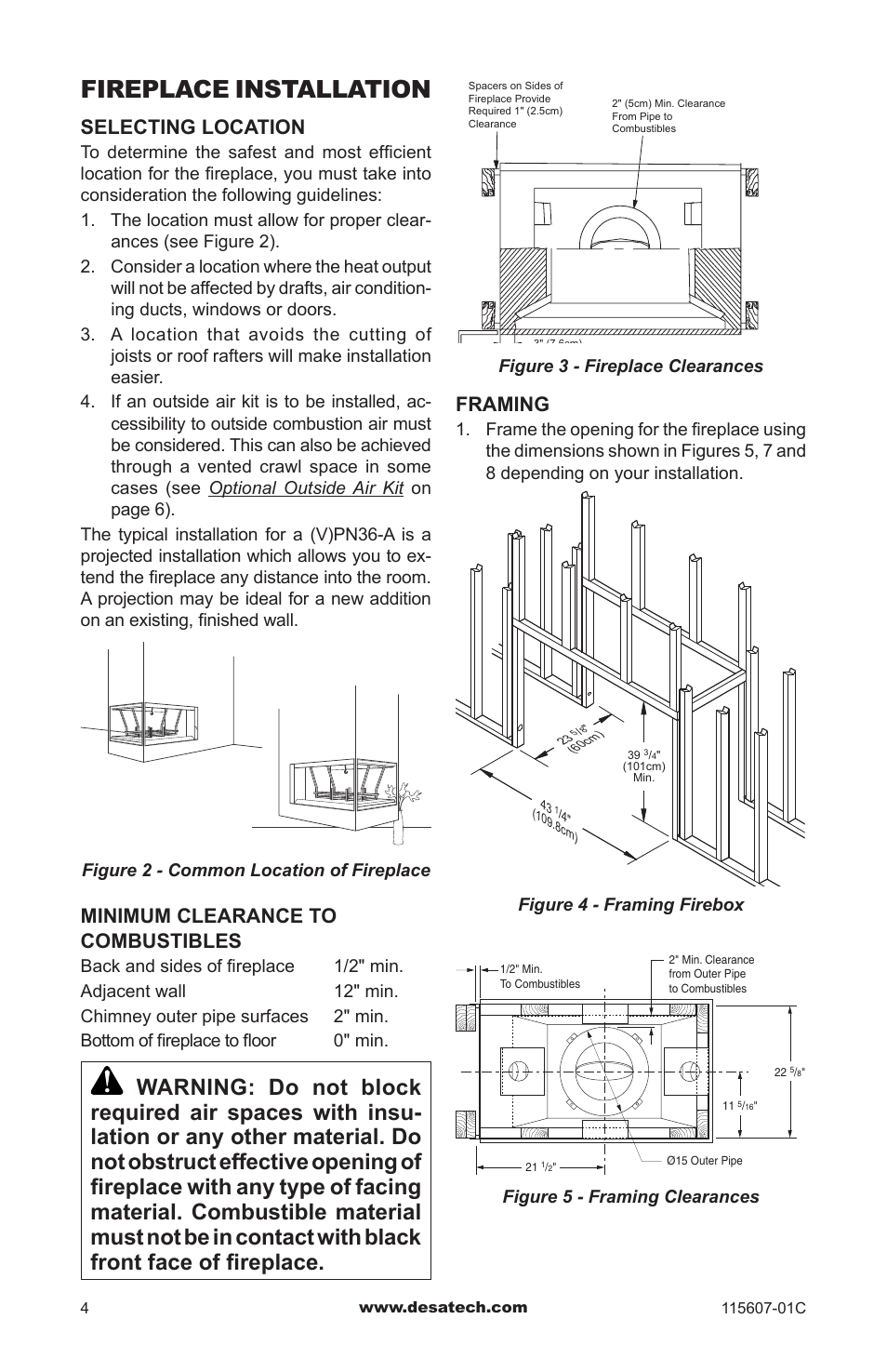 Fireplace installation, Selecting location, Minimum clearance to combustibles | Framing | Desa (V)PN36-A User Manual | Page 4 / 16
