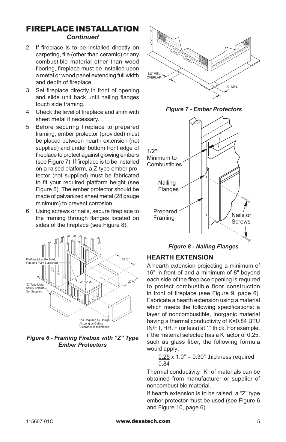 Fireplace installation, Continued, Hearth extension | Desa (V)PN36-A User Manual | Page 5 / 16