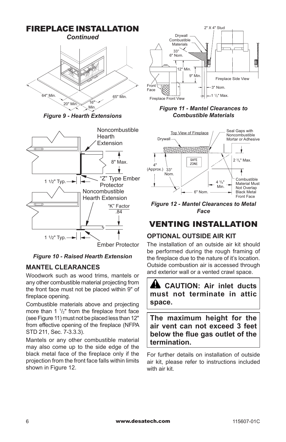 Venting installation, Fireplace installation, Continued mantel clearances | Optional outside air kit, Figure 9 - hearth extensions | Desa (V)PN36-A User Manual | Page 6 / 16