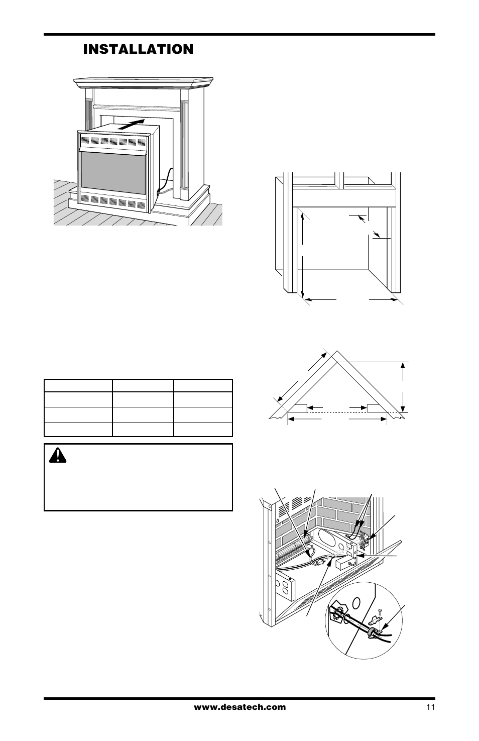 Installation, Continued, Built-in fireplace installation | Desa LMFP33PR User Manual | Page 11 / 36
